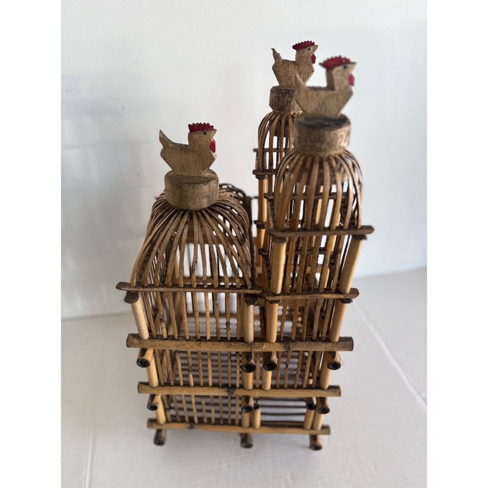 VTG rooster Handcrafted Bamboo & Rattan Bird Cage Architectural Pagoda BOHO MCM.